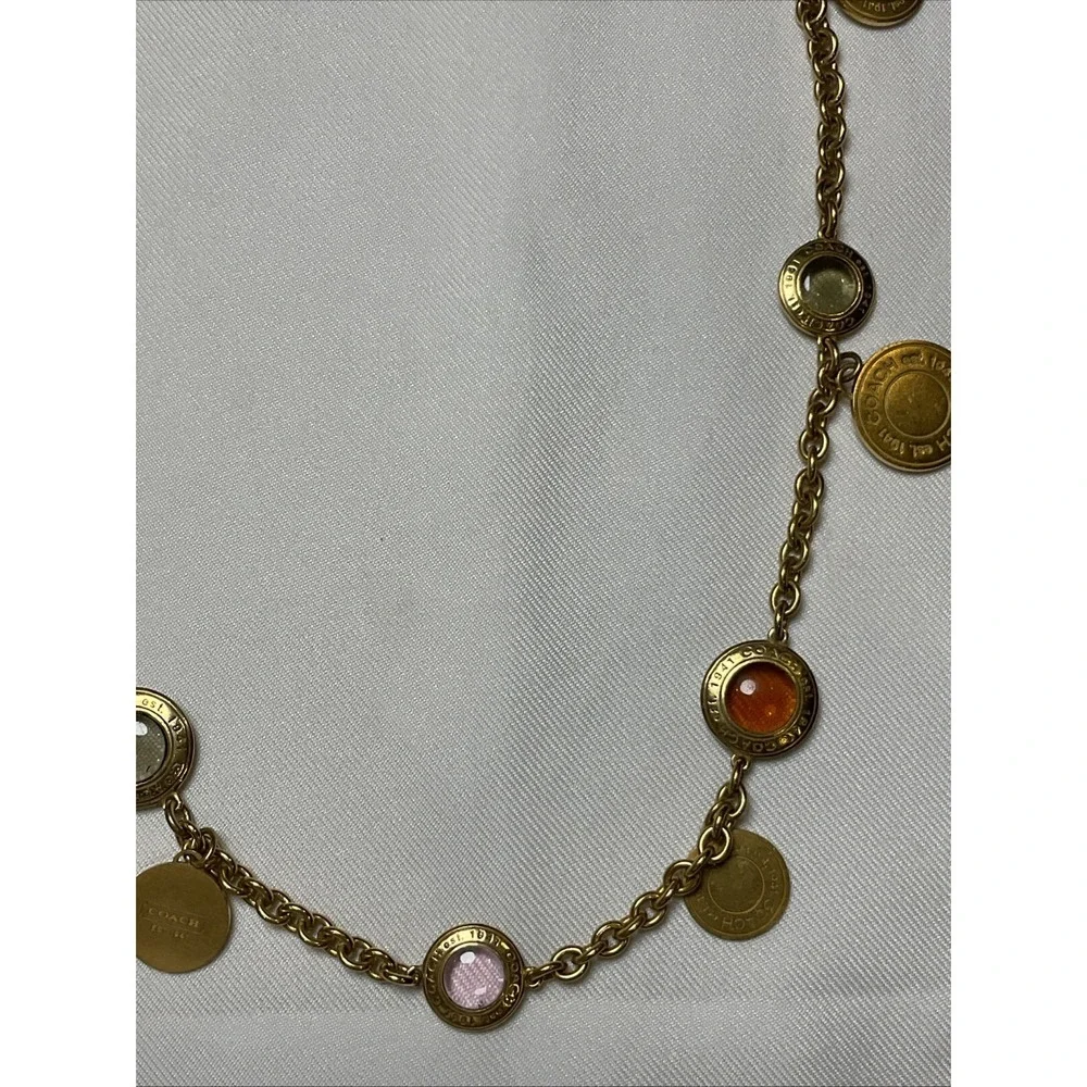Coach Medallion Statement Necklace Glass Multicolor Cabochons Gold Tone Coin